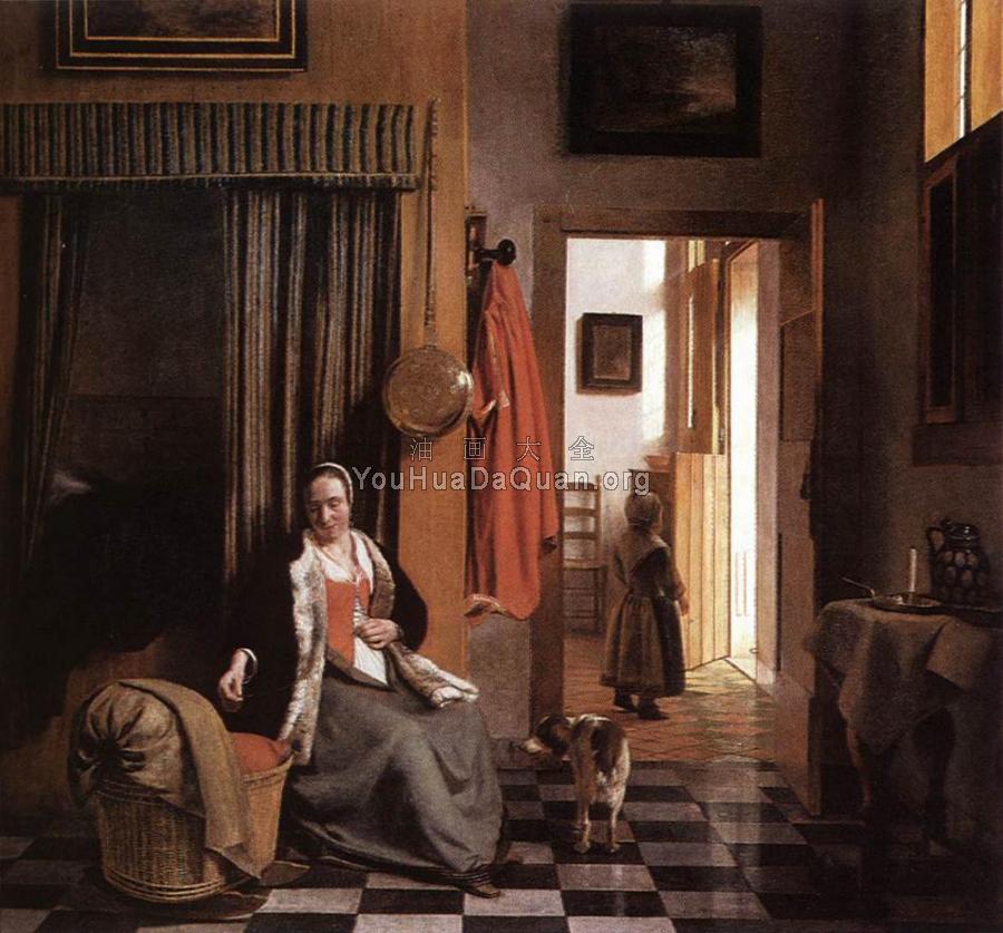 Mother Lacing Her Bodice beside a Cradle - 皮特尔·德·胡格